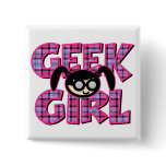 Plaid Geek Girl with Graphic Button