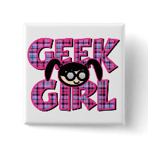 Plaid Geek Girl with Graphic Button
