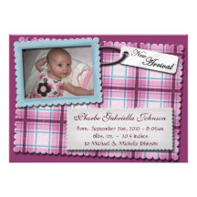 Plaidly Perfect Purple & Blue Birth Announcements