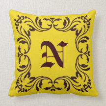 Plain yellow background and Damask Monogram Throw Pillows