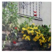Planter With Yellow Flowering Cactus Ceramic Tile