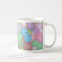plastic colourful easter eggs pastel background coffee mug