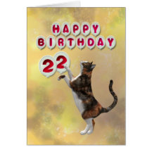 Playful cat and 22nd Happy Birthday balloons Card