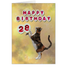 Playful cat and 28th Happy Birthday balloons Greeting Cards