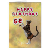 Playful cat and 58th Happy Birthday balloons Card
