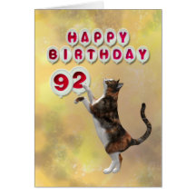 Playful cat and 92nd Happy Birthday balloons Card