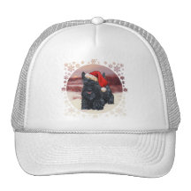 Playful Scottie Santa in Snow Trucker Hats
