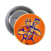 Plombier utilisant jugeant la clé de singe rétro badges