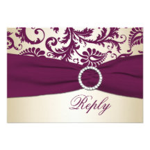 Plum and Taupe Damask with PRINTED Ribbon RSVP Invitation
