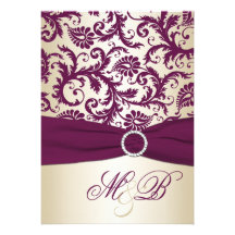 Plum Damask with PRINTED Ribbon Wedding Invite