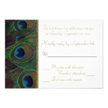 Plum, Gold Peacock Feathers RSVP Card Invitations