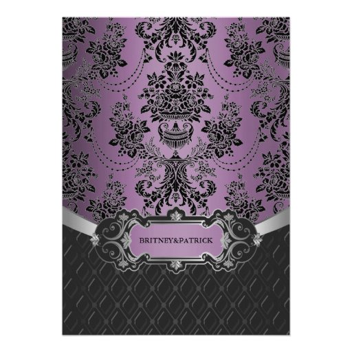 Plum Lapis Purple Black Damask Wedding Invitations