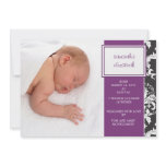 Plum Ribbon and Damask Birth Announcement invitations