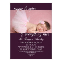 Plum Sugar & Spice Girl Photo Birth Announcements
