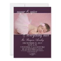 Plum Sugar & Spice Girl Photo Birth Announcements