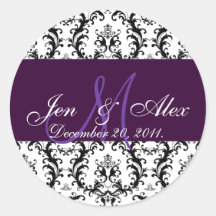 Plum Wedding Monogram Save the Date Damask Stickers