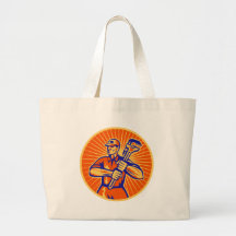 Plumber wielding holding monkey wrench retro canvas bags