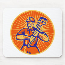 Plumber wielding holding monkey wrench retro mousepads