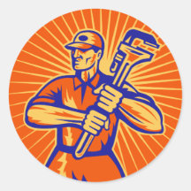 Plumber wielding holding monkey wrench retro round sticker
