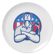 Plumber With Monkey Wrench American Flag retro Plate