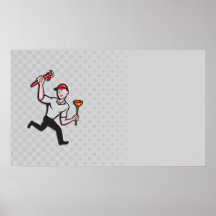 Plumber With Monkey Wrench And Plunger Cartoon Poster