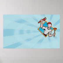 Plumber With Monkey Wrench And Plunger Cartoon Posters
