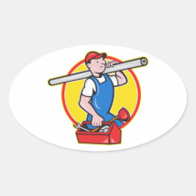 Plumber With Pipe Toolbox Cartoon Oval Stickers