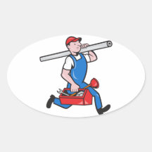 Plumber With Pipe Toolbox Cartoon Stickers