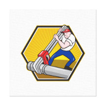 Plumber Worker With Adjustable Wrench Cartoon Gallery Wrapped Canvas