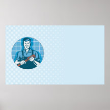 Plumber Worker With Monkey Wrench Retro Posters