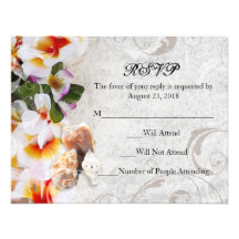 Plumeria Orchid Lei in the Sand RSVP Beach Wedding Personalized Announcements