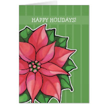 Poinsettia Joy green stripes Holiday Card