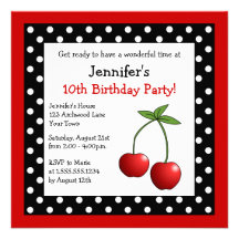 Pois noir et blanc d'anniversaire rouge de cerises cartons d'invitation