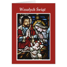 Polish Merry Christmas, Stained Glass, Religious Card