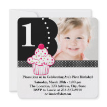 Polka Dot Cupcake Girls Photo 1st Birthday Party Personalized Invite