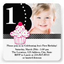 Polka Dot Cupcake Girls Photo 1st Birthday Party Personalized Invite