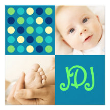 Polka Dot Square Initials Blue Invites