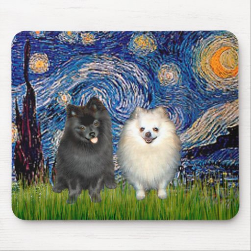 Pomeranian Pair (B+W)-Starry Night Mouse Pads