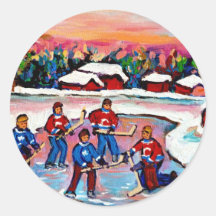 Pond Hockey on Frozen Lake Round Stickers