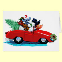 Poodles Christmas Vintage Car Art Print Card cards
