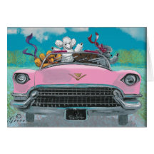Poodles in Pink Cadillac Retro Print Card