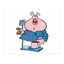 porc drôle à un régime mangeant un beignet sur une cartes postales