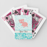 Porc rose mignon ; Damassé turquoise jeux de cartes