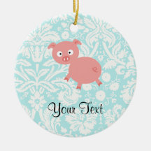 Porc rose mignon ; Damassé turquoise Ornements