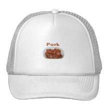 Pork chops in white dish, text PORK Hats