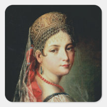 Portrait of a Young Girl in Sarafan and Square Sticker