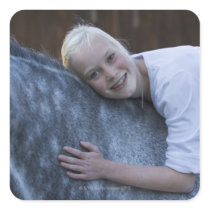 portrait of young girl on white horse square stickers