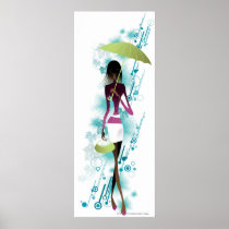 Portrait of young woman holding purse and umbrella poster