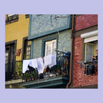 Portugal, Oporto (Porto). Woman hanging laundry posters