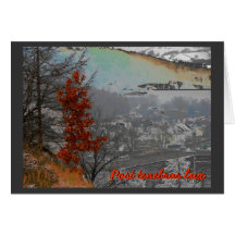 "Post tenebras lux" card with autumn landscape